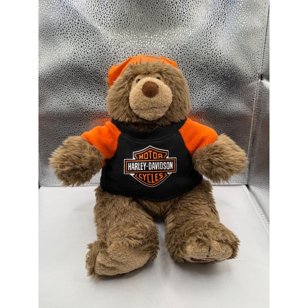 Harley Davidson Bear Plush Orange Black Bandana Shirt Logo Stuffed Animal Toy